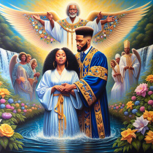 An oil painting depicting a light-skinned African-American pasto...