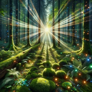 Create an image of a whimsical jungle scene under a canopy of vi...