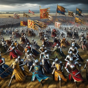 Knights in gleaming armor charging across a field, their banners...