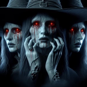 Three ghostly women, red eyes, red tears, pale skin, dark backgr...