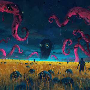 secret archive photo, a surreal night landscape with a yellow gr...