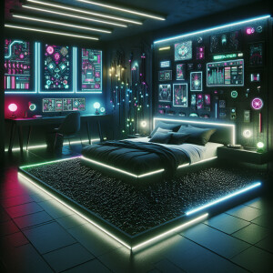 Cyberpunk bedroom with black pebbles around and underneath the b...