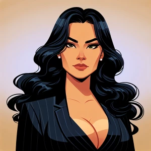 a dark haired woman with large bossom and cleavage