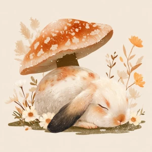 Cute fluffy rabbit sleeping peacefully under large spotted mushr...