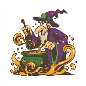 cartoon wizard character stirring bubbling cauldron of coffee wi...