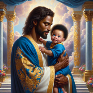 Classical oil painting style depicting an African-American Jesus...