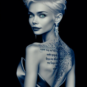 Platinum blonde Kahlan Amnell, mantra-scripted blue tattoo traci...