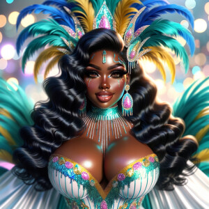 Create a 3-D  vivid full-body view of a colorful glossy hyper-realistic oil painting of a detailed illustration full length photo single image of a beautiful African-American caramel skinned woman plus sized, with long, black, wavy hair, her make up is airbrushed and flawless, she is dressed in a white, teal and yellow large, elaborate, elegant, very detailed carnival costume with colorful African-American pink, blue, gold yellow green feathers, flawless makeup, prominent lashes, black peep toe heels, white pixie hair, background bokeh, she is stunning and smiling, digital art.