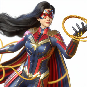 Wonder Woman hovering in the air with her golden lasso at her si...