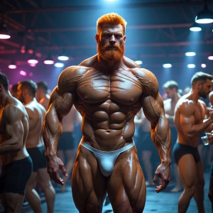 A hyper-realistic depiction of a muscular, mature bodybuilder ma...