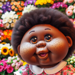 African-American cabbage patch doll with huge dimples, and freckles and flowers in the background