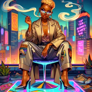 Design a 300 DPI glossy cartoon-style oil painting of a confiden...