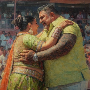 Hyperrealism oil painting.big guajarat stadium with people enjoy...