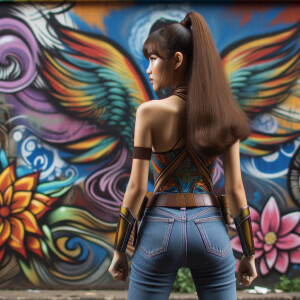 Attractive, Asian teenage girl, long brown hair and bangs, wearing tight skinny jeans and a halter top paint marks on her clothing, backside view heroic pose Asian graffiti