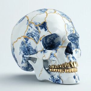 Hyper-realistic 3D rendering of a fragmented human skull crafted...
