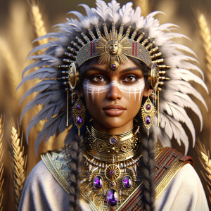 Create a 3-D beautiful, majestic Indigenous woman with a richly detailed headdress made of white feathers and beaded headband adorned with purple gems. Her dark brown hair is styled in long, thick braids that fall over her shoulders. She has face paint below her eyes and is adorned with elaborate golden jewelry, including a necklace with a prominent sun pendant, intricate chest armor, and dangling earrings with purple jewels. The background suggests a natural, earthy setting with hints of golden wheat, enhancing her regal and warrior-like presence."