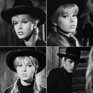 Brigitte bardot in a western movie, black and white, four Frames