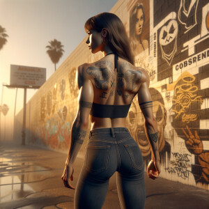 Athletic Thin skinny Attractive, Asian teenage girl, long brown hair and bangs, wearing tight skinny jeans and a halter top paint marks on her clothing, heroic pose Asian graffiti background, backside view