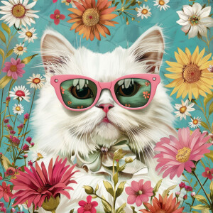 A white cat with pink framed glasses, surrounded by flowers