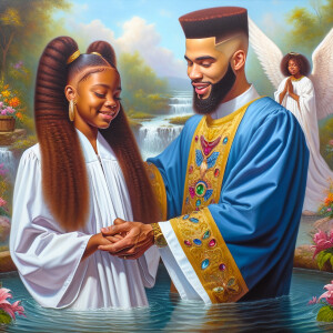 An oil painting depicting a light-skinned African-American pasto...