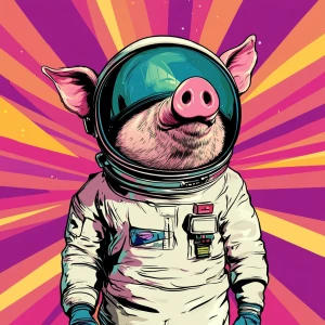 Cute cartoon pig in vintage white spacesuit and NASA style helme...