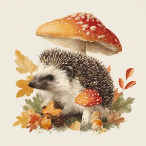 Hedgehog with mushroom, vintage illustration, autumn colors, whi...