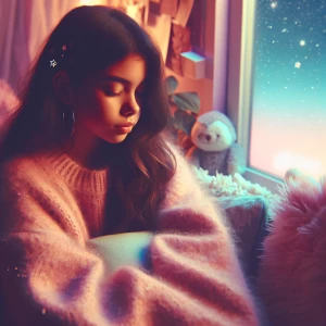 Create an image of a girl in a dreamy, lofi aesthetic with soft...