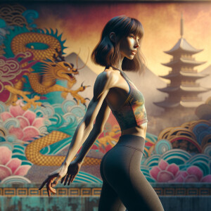 Athletic Thin skinny Attractive, Asian teenage girl, long brown hair and bangs, wearing tight skinny jeans and a halter top paint marks on her clothing, heroic pose Asian graffiti background,  backside view