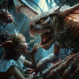 Tooth fairy pulling teeth from an evil menacing looking creepy c...
