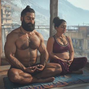 Photorealism,realism,A man muscular beefy sweaty doinga yoga sit...