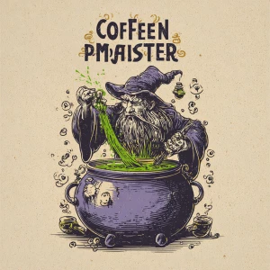 imagine/ hand-drawn wizard-like figure brewing coffee in a cauld...