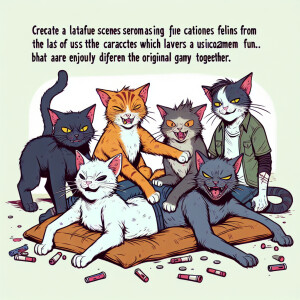 Five mischievous cats of different colors are playing together,...