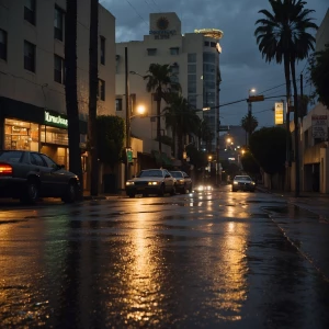 Create an image of a sunset in Los Angeles after a rain shower w...
