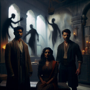 Two men and one woman are in a creepy old room, and a lot of evi...