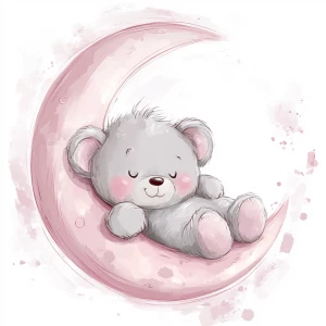 A cute, cartoon teddybear lies on a stylized, rosy-pink crescent moon. The teaddy bear is light gray with large, round, pink-spotted ears.  Its body is round and he has expressive eyes.  its facial expression is happy and friendly. The teddy bears leg and foot are visible, and its posture is relaxed, slumped in the curve of the moon. it's stomach is lying down on the moon with left arm and leg showing hanging down. The moon is a soft, shaded pink, with watercolor-like texture and subtle shading. The background is white. The image is in a child-friendly style, showcasing delicate line work and color palettes. The composition is centered on the teddy bear which is positioned on the moon, giving the moon a hug with closed eyes. The overall style is sweet, whimsical, and reminiscent of children's book illustrations.  The colors are pastel and soothing, creating a gentle atmosphere.