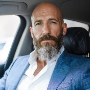 Create an image of a bald man with a well-groomed beard, seated...