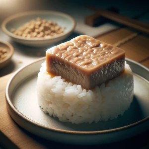 A plate of white sticky rice topped with a smooth layer of attra...
