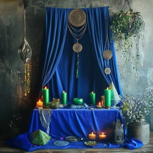 Magical altar draped with a blue cloth, featuring green candles,...