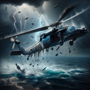 An Army helicopter struck by a missile, the helicopter tail has...