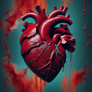 A realistic illustration of a human heart with visible cracks or...