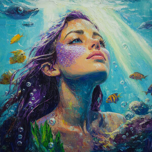 Underwater mermaid portrait, beautiful woman with iridescent pur...