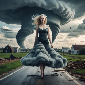 a woman wearing a tornado as a dress, the skirt merges into dark clouds in the sky and swirls pulling objects into it, her hair is wild in the wind, she walks forward her face porcelain white with pale pink lips, the woman wears the dress walking down a country road leaving destruction of houses and farms in her wake