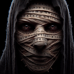 Create a hyperrealistic and cinematic close-up image of a mummy-...
