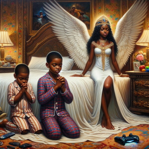 An oil painting of two African-American children with dark skin,...