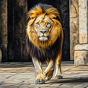 Generate an image of a majestic lion with a golden tan mane and...