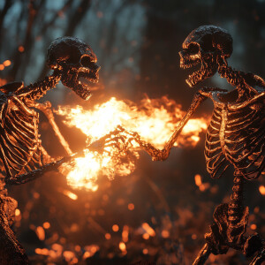 Two zombie crow skeletons engage in a fiery battle, shooting vib...