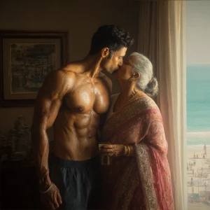 Create a hyperrealism painting of a muscular, sweaty Indian man...