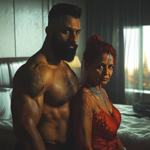 Hyperrealism art style.A sweaty beefy muscular man standing with...