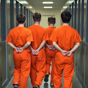4 Caucasian male teenagers, wearing orange jumpsuits, walk in li...