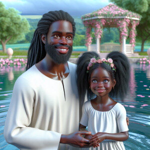 Create a lifelike image of an African-American Jesus Christ with...